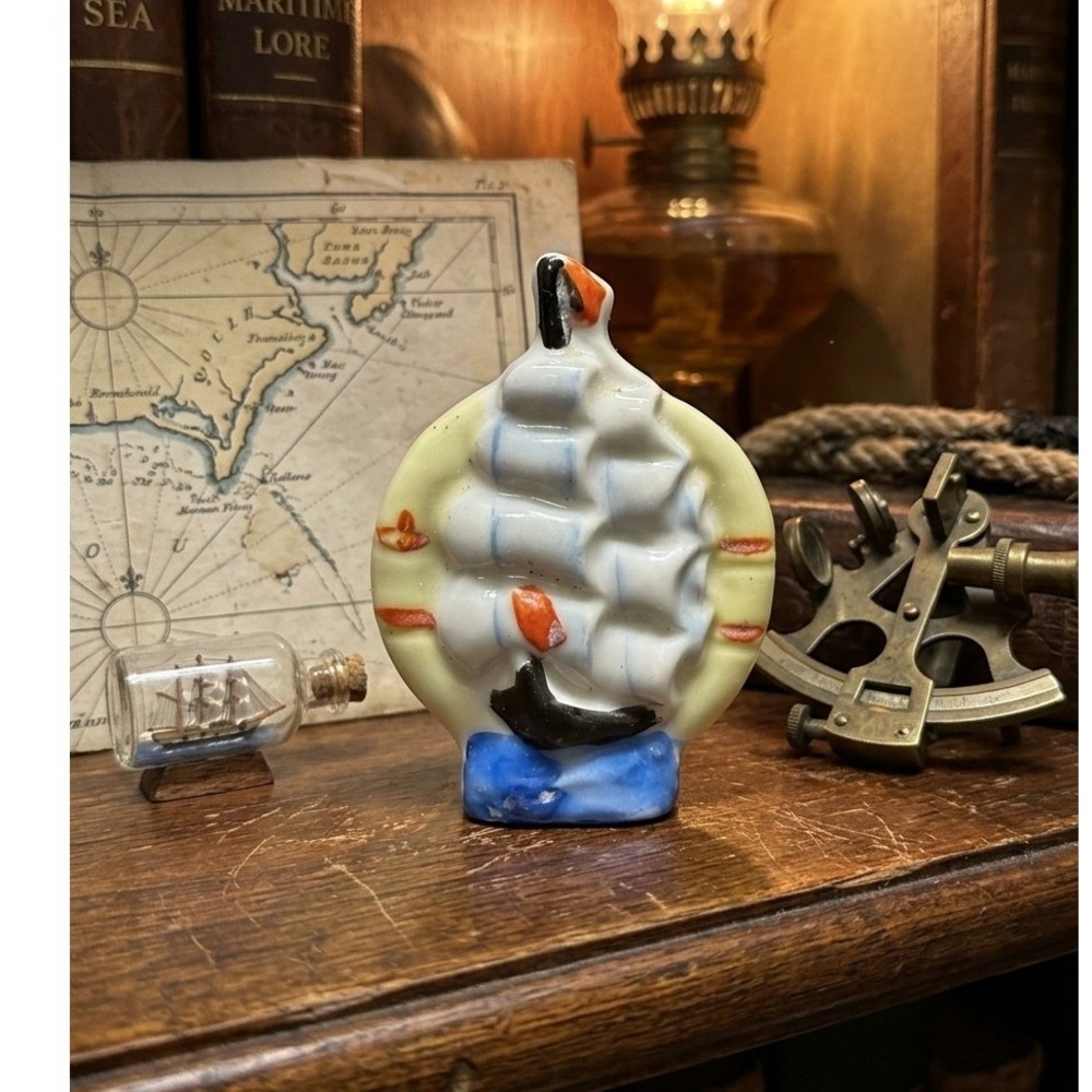 Vintage Occupied Japan Ceramic Sailing Ship Toothpick Holder Nautical Mini Vase